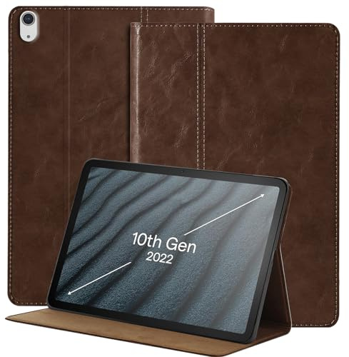NANRUIL Custodia per iPad 2022 10th Gen 10.9 pollici (modello: A2696/A2757), in vera pelle, per tablet, funzione auto sonno/sveglia. Marrone scuro