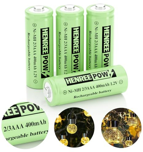 Henreepow 2/3AAA Ni-MH Solar Battery, Ni-MH 2/3AAA 400mAh Rechargeable Battery, 2/3AAA 1.2V Low Self-Discharge Rechargeable Battery 4 Pack for Outdoor Solar Lights (Not AAA Size Batteries)