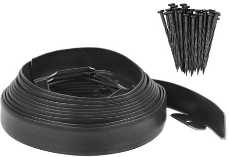 M METERXITY Borde de Jardín - 20 Pies de Borde de Jardinería de Plástico con 18 PCS de Púas Aplicable a Parterres/Césped/Patio (20FT x 1.57IN, Negro)