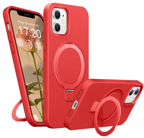 BENTIACC Liquid Silikon handyhülle für iPhone 12/12 pro hülle, für Mag-Safe mit Unsichtbarem Ständer 4 Schichten stoßfeste Kratzfeste Schutzhülle für iPhone 12/12 pro (Rot)