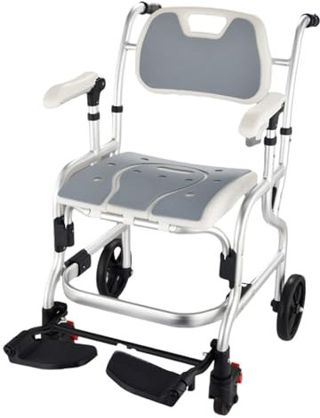 Sedia a rotelle da Doccia con 2 Ruote bloccabili, Sedia da Bagno Regolabile con braccioli e Schienale, Sedia da Toilette con Ruote, per Anziani e disabili