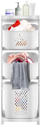 3 Fach Wäschekorb aus Kunststoff, Laundry Basket, Wäschebox mit Rädern, Aufbewahrungskörbe für Bad, WC, Schlafzimmer, Wohnzimmer, weiß