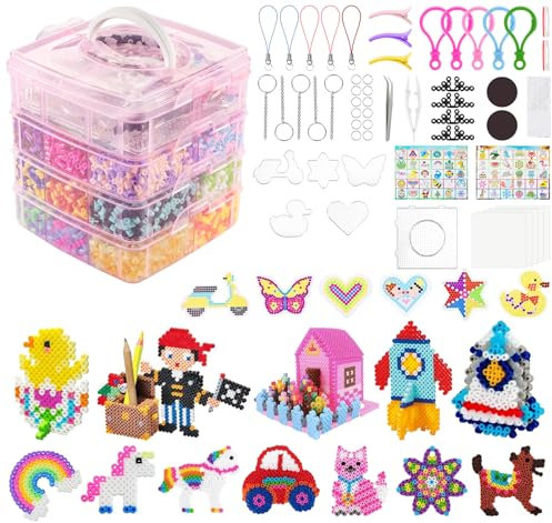 adorbox 14900 Stück Bügelperlen Set, 36 Farben 5MM Steckperlen mit 6 Bügelperlen Platten, 4 Stück 6 Raster Rosa Sortierbox 120 Muster 5 Bügelpapier Zubehör