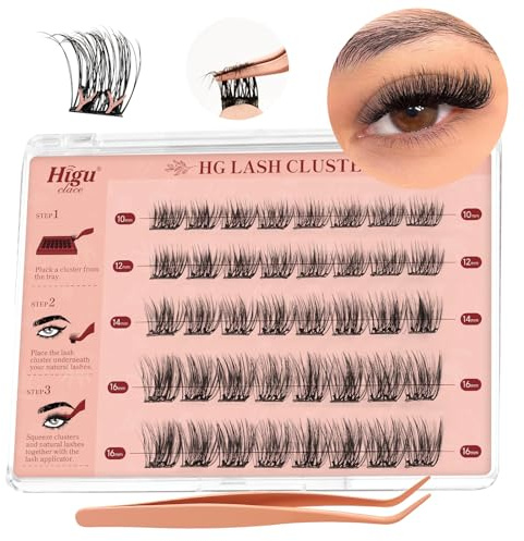 Higu clace Selbstklebende Wimpern,40pcs D Curl vorgeklebte Wimpern Set mix8-16mm, Wimpernpinzette, kein Kleber und Entferner erforderlich, DIY falsche Wimpernbüschel zum Aufdrücken