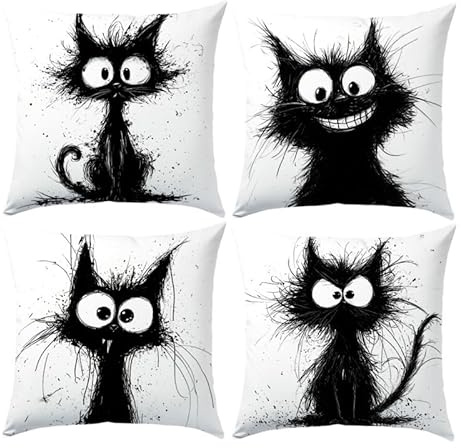 SEVENWELL Schwarze Katze Kissenbezüge 45x45 cm 4er Set Lustiges Motiv | Süße Dekokissen für Katzenliebhaber Sofa Wohnzimmer Schlafzimmer