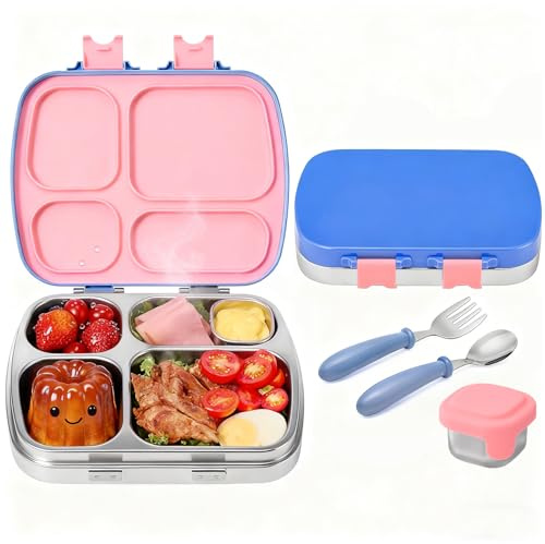 MISS BIG Stainless Steel Bento Box for Kids, 28oz 4 Compartments Lunch Box with Clear Lid, Spoon, Fork and Lidded Sauce Cup, 304 Steel, BPA-Free, Dishwasher Safe for School (Blue Pink Mix)