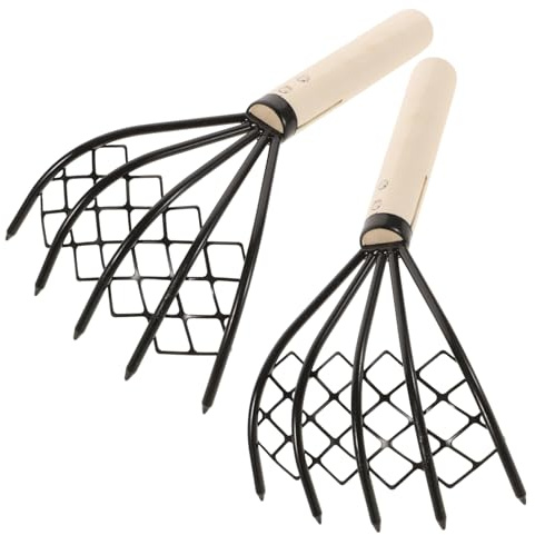 BESTonZON Rastrello Vongole Design a Rete in Acciaio al Carbonio 2 Pezzi con Manico in Legno Antiscivolo per Ostriche e Telline
