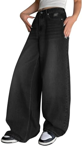 shownicer Jeans Femme Taille Haute Jean Casual Elastique Straight Jeans Rétro Décontracté Wide Jean Droit Denim Pants