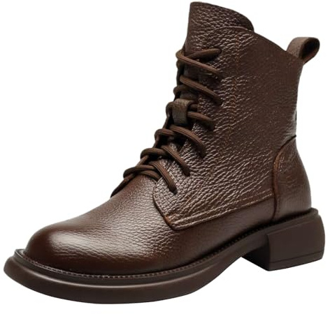 ANUFER Mujer Suave Cuero Genuino Botines Puntera Redonda Con Cordones Cremallera Lateral Botas SN0706301 Café EU39