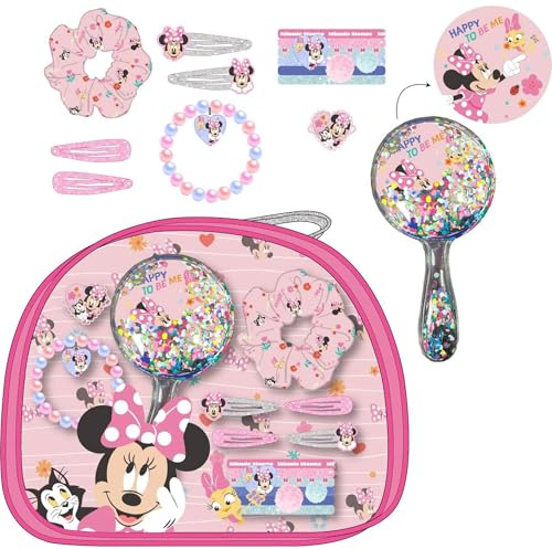 Set de belleza para niñas con accesorios de pelo Minnie Mouse – Neceser con espejo, coleteros, horquillas y pulsera infantil – Juego completo para peinarse y jugar con diseño oficial Disney