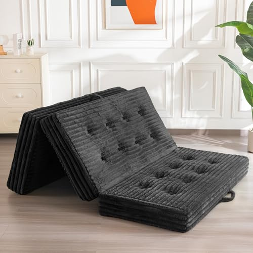 MAXYOYO Hopfällbar madrass dubbel, 15 cm stoppad vikbar madrass med premium fuskpälstyg, tredelad golvfuton bäddsoffa för vardagsrum/gäst