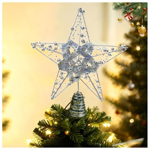Kezidhp Étoile Sapin de Noël Argentée 10 Pouces, Décoration Sapin Noël Étoile Cime Arbre, Christmas Tree Topper Star Décorations