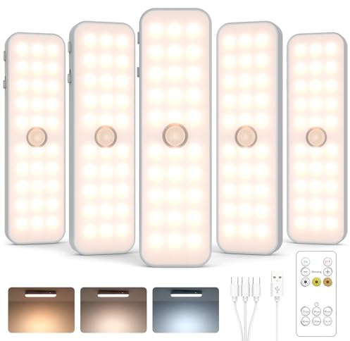 GOODEA 5 Stück Kabellose Bewegungsmelder Licht LED Schrankbeleuchtung - 3 Reihen 15cm 60-LED 1500mAh Schranklicht mit Fernbedienung Timer 3 Farbten Dimmbar - Küche Unterchrank Treppe Flur Beleuchtung