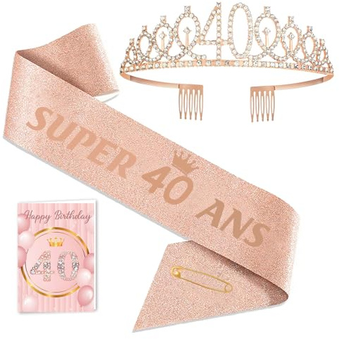 Toctax Couronne et Écharpe 40 Ans avec Carte - Cadeau Anniversaire Femme, Accessoires Déco pour Fêter les 40 Ans - Idéal Cadeau pour un 40e Anniversaire