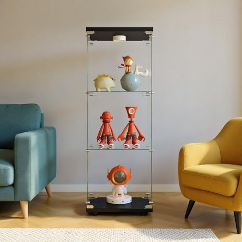 TIMORWTF Glasmonter med LED-lampor, modern pansarskåp med 3 hyllor och dörr, väggskåp för samling, sovrum, vardagsrum och matsal, svart