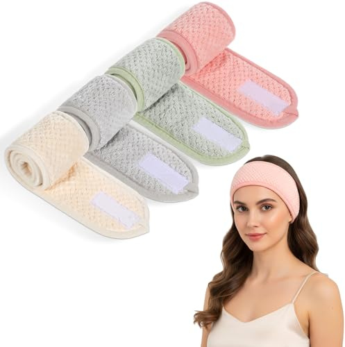 TIESOME 4 Stück Haarband Kosmetik, SPA Stirnband Frottee Haarschutzband | haarband zum schminken Verstellbare Haarband Schminken Abschmink Haarbänd für Skincare Gesicht Duschen