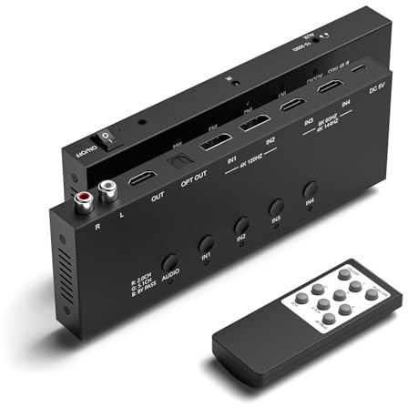 Arector Conmutador extractor de audio DP/HDMI 8K/60Hz 4x1, HDMI 2.1+ 2 vías DisplayPort a convertidor óptico L/R, compatible con 3D y 8K para DVD, PS4, PS5, PC, Apple TV, Roku, Fire Stick, reproductor