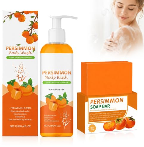 Savon kaki 100 g et gel douche kaki 120 ml, savon kaki pour les personnes odorantes, parfum longue durée, démaquillant doux et mousse riche, pour tous les types de peau, pour hommes et femmes