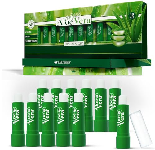Set of 12 x Lip Balms Aloe Vera Long Lasting Moisturizing Lip Care Unisex Full Size Display Box Beeswax Vitamin E Omega-3