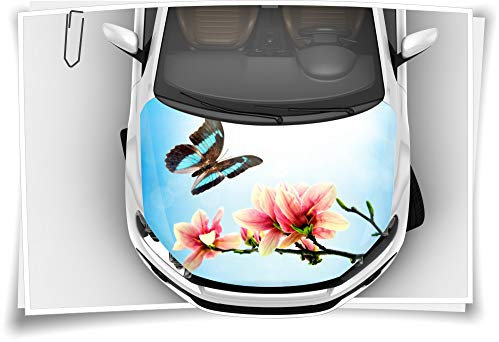 Medianlux Motorhaube Auto-Aufkleber Schmetterling Magnolien Blau Blumen Steinschlag-Schutz-Folie Airbrush Tuning Car-Wrapping Luftkanalfolie Digitaldruck Folierung
