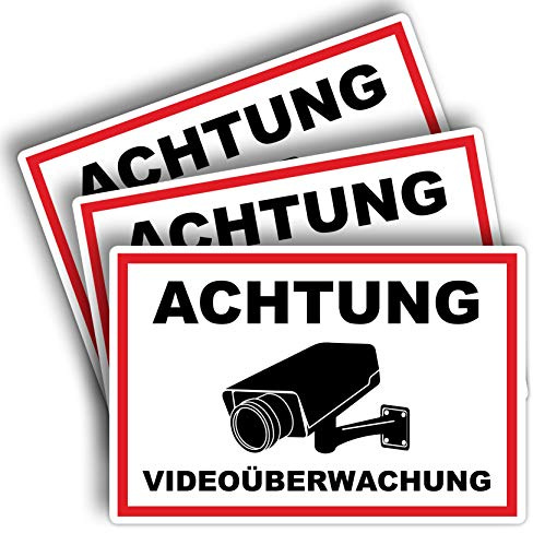STROBO 3 Stück XXL Achtung Videoüberwachung Hinweisschild | Stabile 5mm Hartschaumplatte als 40x30cm Schild mit UV-Schutz für den Außenbereich