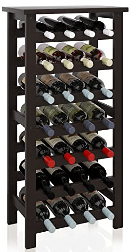SMIBUY Bamboo Wine Rack, 28 Bottles Display Holder with Table Top, 7-Tier Free Standing Storage Shelves for Kitchen, Pantry, Cellar, Bar (Dark Brown)