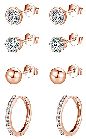 wynn's Silver Earrings for Women, 925 Sterling Silver Stud Earrings, Cubic Zirconia Small Sleepers Studs Hoops Earrings, 4mm Stud Earrings + 12mm Hoop Earrings, 4 Pairs Silver Earrrings set