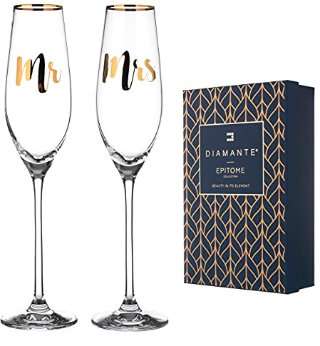DIAMANTE Flûtes à champagne en cristal ou verre à prosecco – « Mr & Mrs » – Lot de 2 – Peintes en or véritable (Mr & Mrs)
