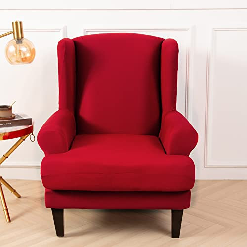 YOPOIY 2-teiliger Stretch Husse für Ohrensessel Ultraweicher Stoff Ohrensessel Bezug mit elastischer Unterseite für Wohnzimmer-Schlafzimmer-Ohrensessel -rot