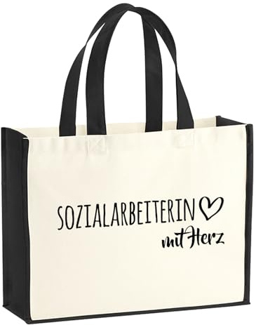 Huuraa Jutetasche Sozialarbeiterin mit Herz Geschenk | Großer Shopper 21 Liter Juteshopper Black Tasche aus Jute und Baumwolle Einkaufstasche Geschenkidee Tragetasche mit Motiv