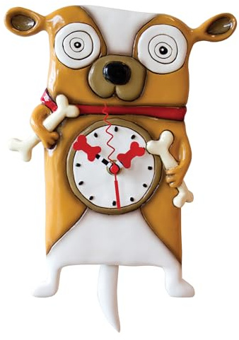 Enesco Allen Designs Roofus The Dog Holding Bones Sculpted Pendulum Wall Clock, 12 Inch, Multicolor