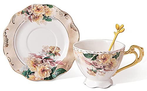 fanquare Hellgelbe Porzellan Teetasse und Untertasse Set, 200ml Blumentasse mit Goldgriff für Zuhause, Geschenk und Party