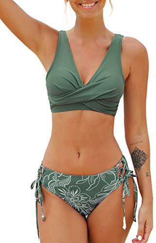 CUPSHE Set med bikini för kvinnor, bikini med tvinnade detaljer på framsidan och knytning i sidorna, baddräkt, badkläder i två delar, baddräkter, Mörkgrön, M