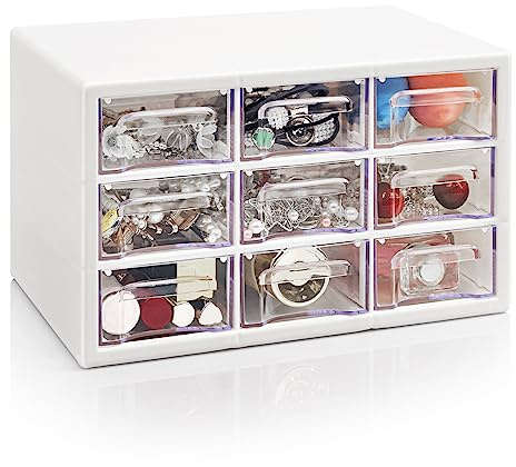 Aufbewahrungsbox mit 9 Schubladen, ToyaJeco Stapelbar Desktop Handwerk Schublade Schrank, Klare Schreibtisch Organizer Caddy für Make-up-Schmuck Büro Craft Supplies (25×15×16cm) (weiß)