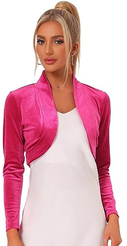 Allegra K Cárdigan tipo bolero corto de manga larga para mujer, de terciopelo, para cóctel, fiesta, parte delantera abierta, para Navidad, hot pink, M