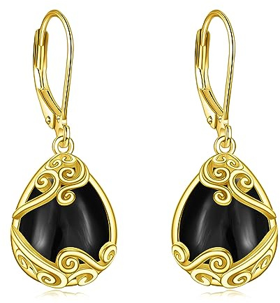 Schwarze Onyx Ohrringe Sterling Silber Träne Ohrringe 18K Gelb Gold Böhmen Filigrane Ohrhänger Schmuck Geschenke für Damen Mädchen