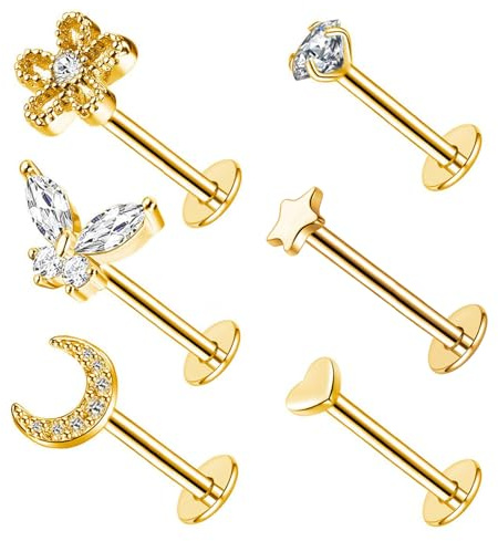 Besyvvin 6er Lippenpiercing Labret Stecker 1,2mm Chirurgenstahl Piercing Lippe Helix Tragus Knorpel Monroe Steckers 6-10mm Silber Gold
