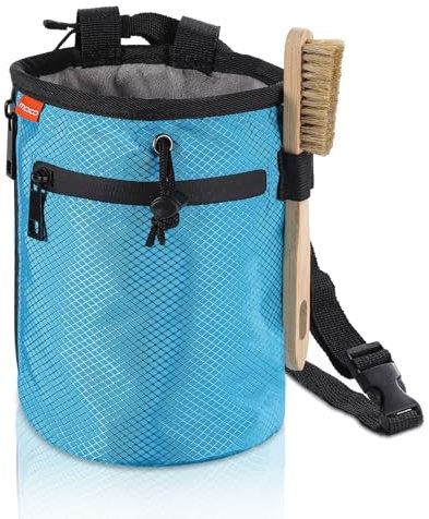 MoKo Klettern Chalkbag mit Kletterbürste, Wasserdicht Nylon Magnesiabeutel mit Reißverschluss & Einstellbar Gürtel, Chalk Bag mit 2 Aufbewahrungstaschen für Klettern Bouldern Gymnastik, Hellblau
