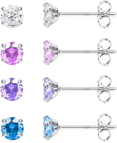 JeweBella 4 Paar 3MM Ohrstecker Silber 925 für Damen Mädchen Hypoallergene Bunte Zirkonia Klein Ohrringe Set Kinder Knorpel Silber Schläfer Ohrringe Schmuck