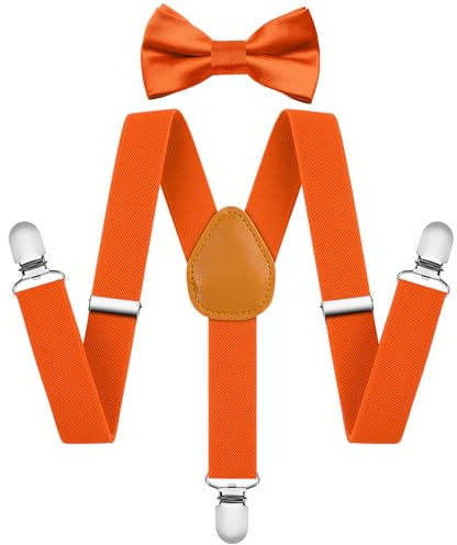 AOOWU Set Bretelle 2.5cm Elastiche Con Papillon Arancia Regolabile - Bretelle Bambini Con 3 Clips Forma a Y - Ideale Regalo per Ragazzo