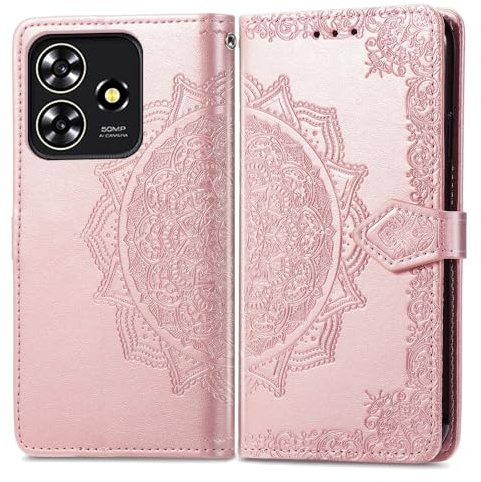 Fertuo Hülle für ZTE Blade A73 4G, Handyhülle Leder Flip Case Tasche mit Kartenfach, Magnet und Standfunktion [Mandala Muster] Handy Schutzhülle Ledertasche für ZTE Blade A73 4G, Rosegold