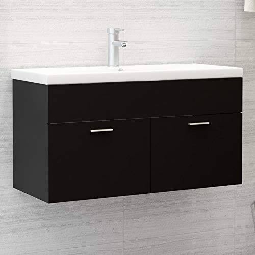 NITCA Mobile con Lavabo Integrato, Armadietto Bagno Sospeso, Sottolavabo con 1 Scomparto e 2 Ante, Nero 90x38.5x46 cm