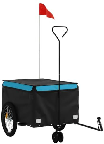 vidaXL Fahrradanhänger, Lastenanhänger mit Sicherheitsflagge, Transportanhänger mit Deichsel, Fahrrad Anhänger Radanhänger, Schwarz Blau 45kg Eisen