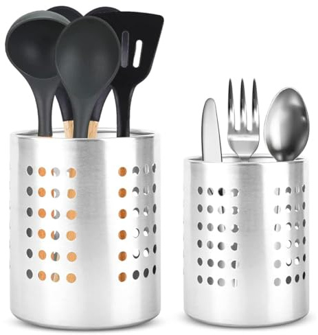 2 Piezas Escurridor de Cubiertos Acero Inoxidable, Soporte para Cubiertos, Porta Utensilios de Cocina Con Agujero de Drenaje, Ideal para Organizar