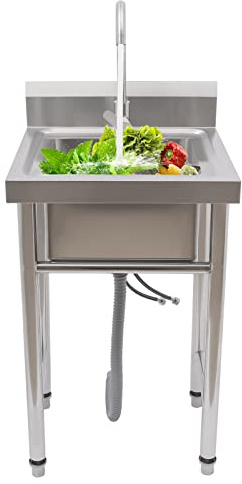 Fregadero de cocina independiente con grifo exterior, fregadero taller granja independiente comida comercial, 50 cm fregadero de cocina industrial 201 de acero inoxidable con grifo