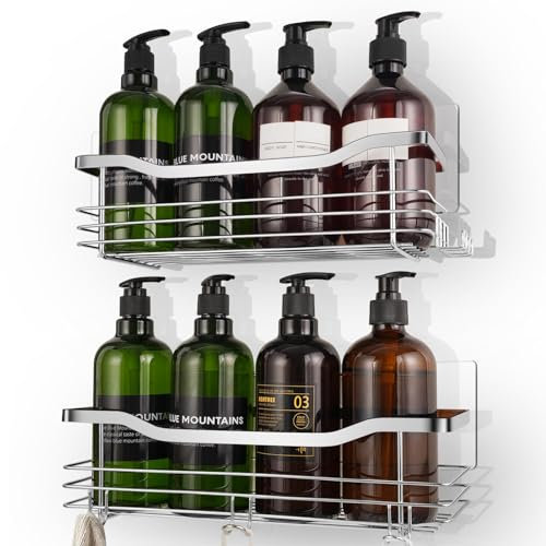 YINJOYI Shower Caddy Bathroom Shelf Suction No Drilling Storage Organizer Self-adhesive Toilet Rack Bathroom Accessory Shampoo Holder SUS304 Stainless Steel (Silver)