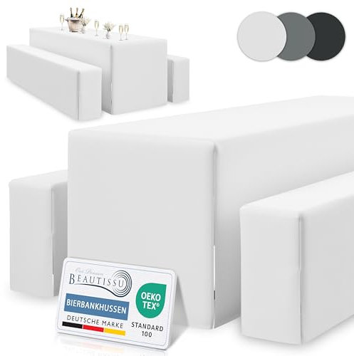 Beautissu Edles 3tlg Biertischhussen Set Blickdicht 50cm oder 70cm Bierzeltgarnitur – Dicker Stoff Knitterfrei Bierbankauflagen Bodenlang – Biertischhusse Bierbankhusse Biertisch – 220x50cm Weiß