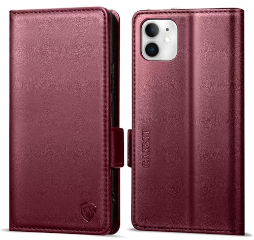 CASBST Handyhülle für iPhone 12/iPhone 12 Pro Hülle Premium Leder Schutzhülle Klappbar mit Kartenfach Ständer Magnet für iPhone 12 Pro Handytasche mit RFID Flip Case Klapphülle für iPhone 12 Weinrot