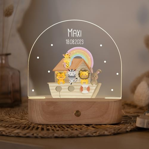 LILUNA – Personalisiertes Schlummerlicht Baby Arche Noah Regenbogen Pastell | dimmbar, kabellos, aufladbar | individualisierte Nachtlampe Babys - Taufgeschenk