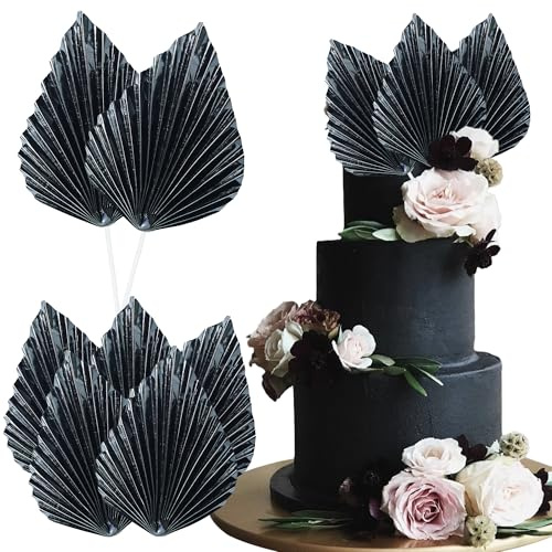 Ephlyn 6 decorazioni per torte a ventaglio con foglie di palma e foglie di palma, decorazioni per torte fai da te, decorazioni per torte per baby shower, matrimoni, feste di compleanno, colore: nero